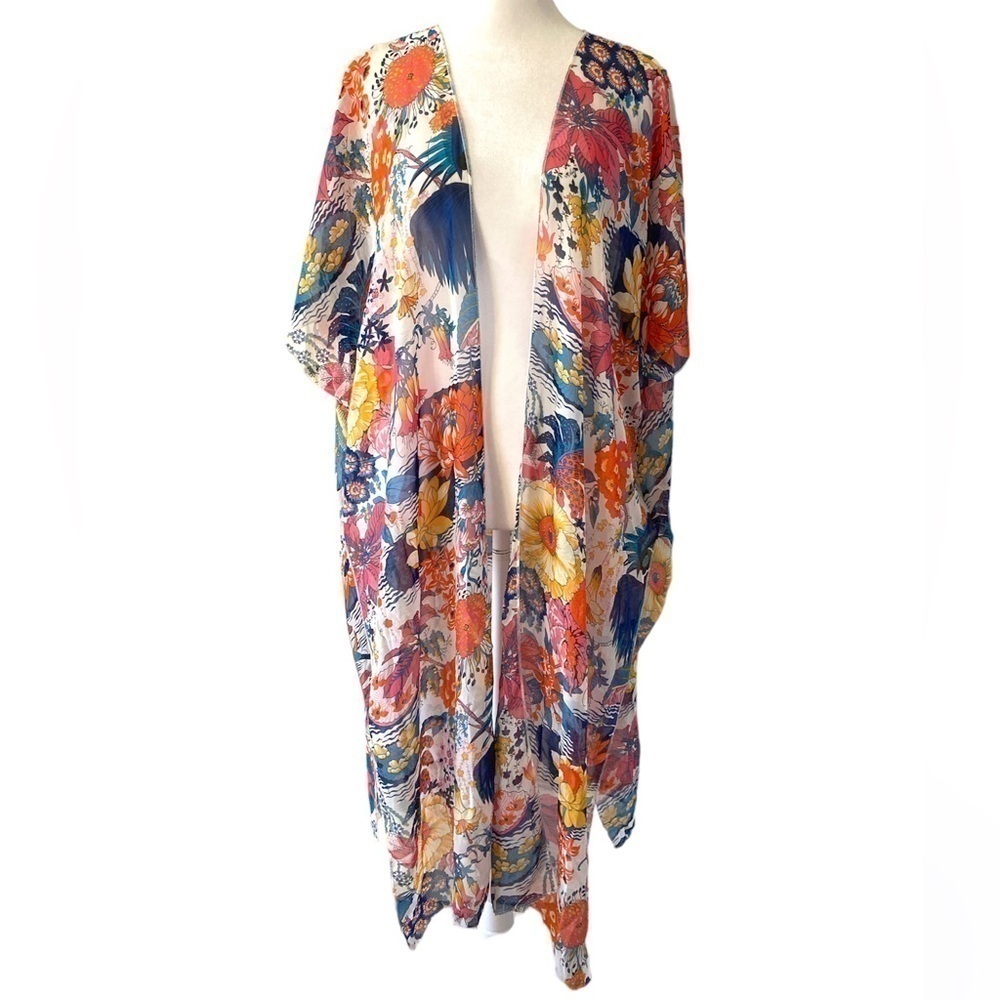 Hibluco small cardigan cover up floral sheer blue pink short sleeves kimono